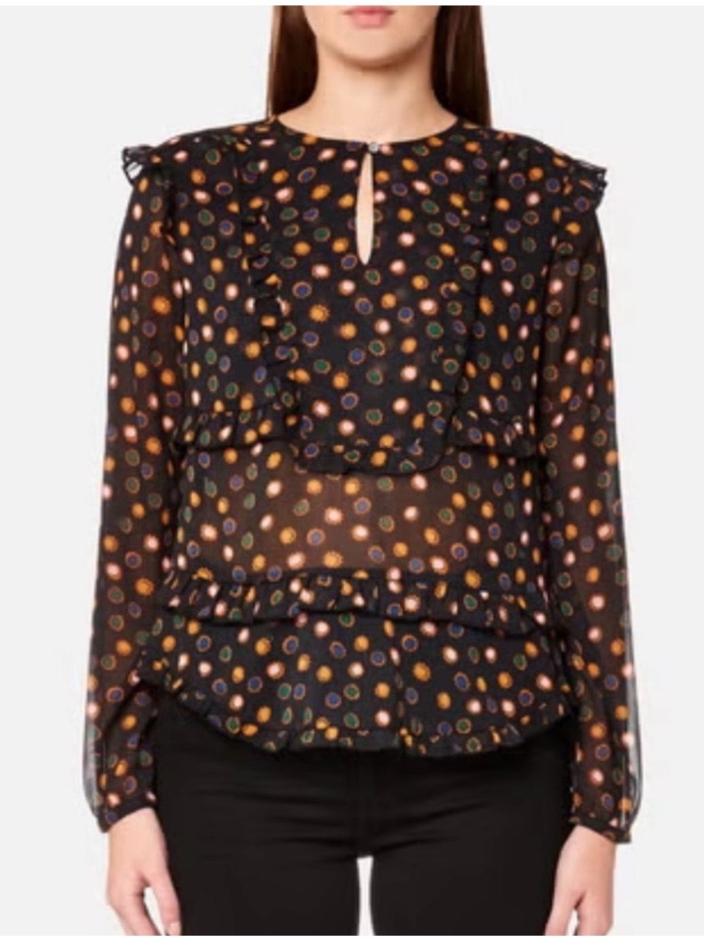 SCOTCH & SODA Maison Scotch
Women's Silky Feel Sheer Top with Ruffles Combo Sz L